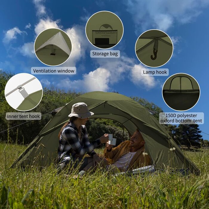 Намет Naturehike P-Serie 2 особи, 4 сезони, ультралегкий купольний, сімейний, анти-UV, зелений