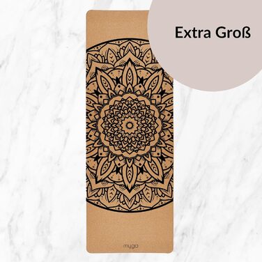 Йога мат Myga XL Kork: 200x70 см, 6 мм, з натуральної кори, протиковзаюча, для йоги, пілатесу, медитації та фітнесу. Малюнок мандала