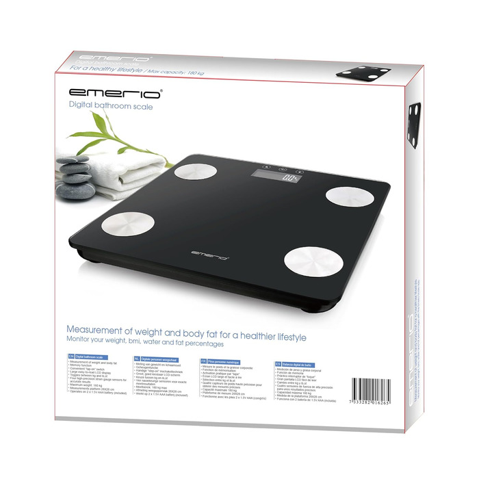 Ваги EMERIO цифрові для тіла з вимірюванням жиру, м'язів, кісток та BMI | Преміум якість | Автоматичне вимкнення | Макс. 180 кг | 2x AAA батареї в комплекті | Чорний BR-125479