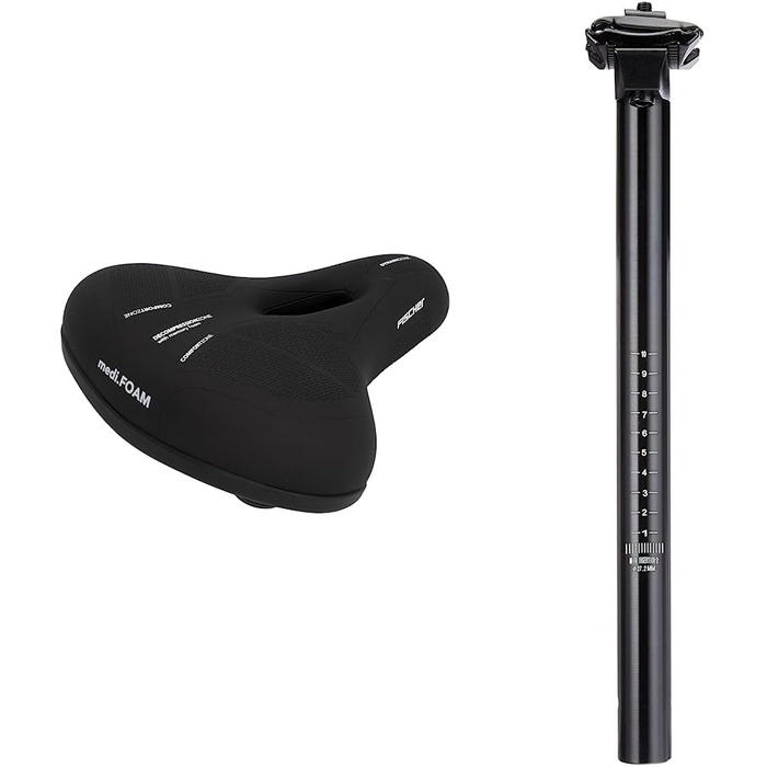 Сідло FISCHER Memory Foam з пам'яті ефектом | Зняття тиску завдяки вставці з піни | Для трекінгу та MTB (City, комплект з підсідельним штирем, чорне)