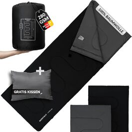 Спальний мішок туристичний, 100% бавовна, до -3°C з подушкою. Підходить для жінок та чоловіків. Розмір 75x190 см, 3-4 сезони, теплий, чорний.