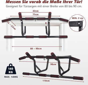 Турнік для дверей Klimmzugstange - турнік для підтягувань на дверний проріз без свердління, з м'якими ручками, 80-90 см