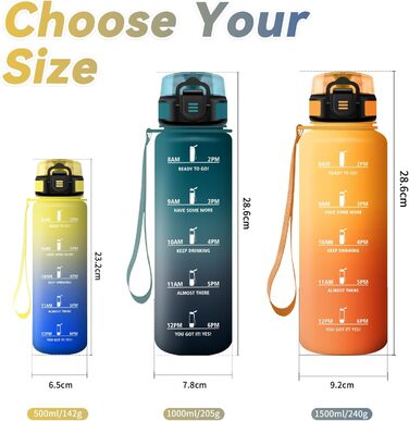 Спортивна пляшка для води 1л з маркуванням часу, фільтром, для напоїв з газом, без витоку, для велосипеда, бігу, дорослих (жовто-королівсько-блакитна)