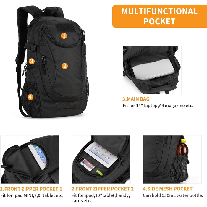 Тактичний рюкзак HUNTVP 25L MOLLE, водонепроникний, для спорту, туризму, школи, дорослих, компактний, для походів, тренувань