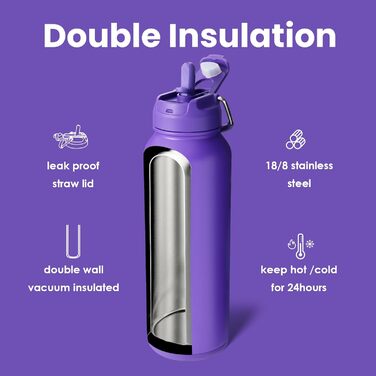 Спортивна пляшка BOTTLE BOTTLE, 1,2 л, нержавіюча сталь, ізольована, з трубочкою та контейнером для пігулок, темно-фіолетова