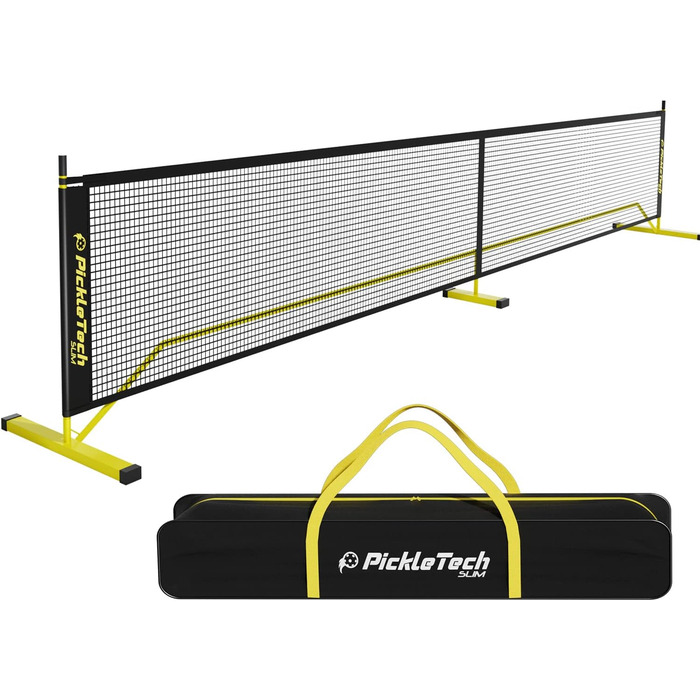 PickleTech М'яка портативна сітка для піклболу Slim 4.0-6,7 м - сітка для турнірів - міцна - з сумкою - професійне обладнання для піклболу - комплект для ігрового поля (22FT-4.0 Slim-Жовтий)