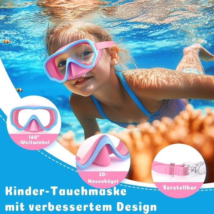 Маска для плавання дитяча COOLOO Taucherbrille 4-16 років, панорамна 180°, антифог, антипротікання, рожево-блакитна з прозорими лінзами
