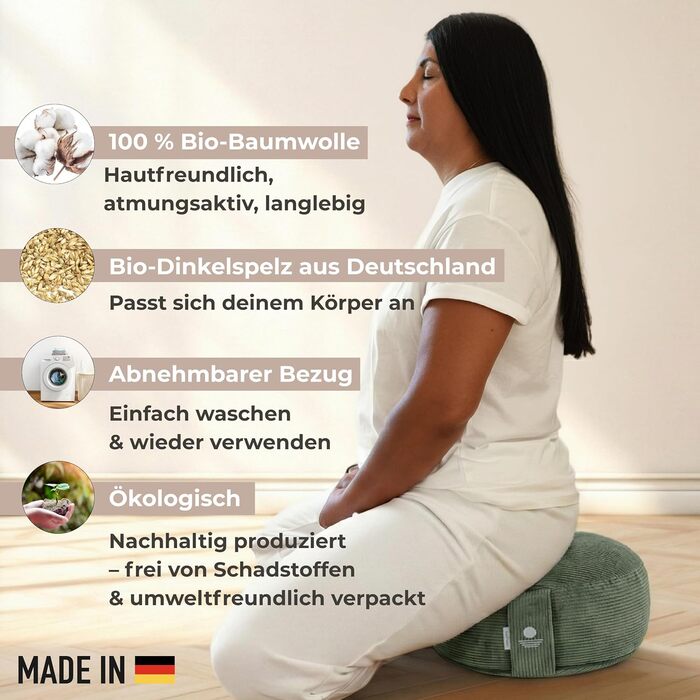 Йога подушка Inner Peace Round Cord 33 x 16 см XL для медитації | З био-бавовни та дінкової вати | Зроблено в Німеччині (світло-зелений)