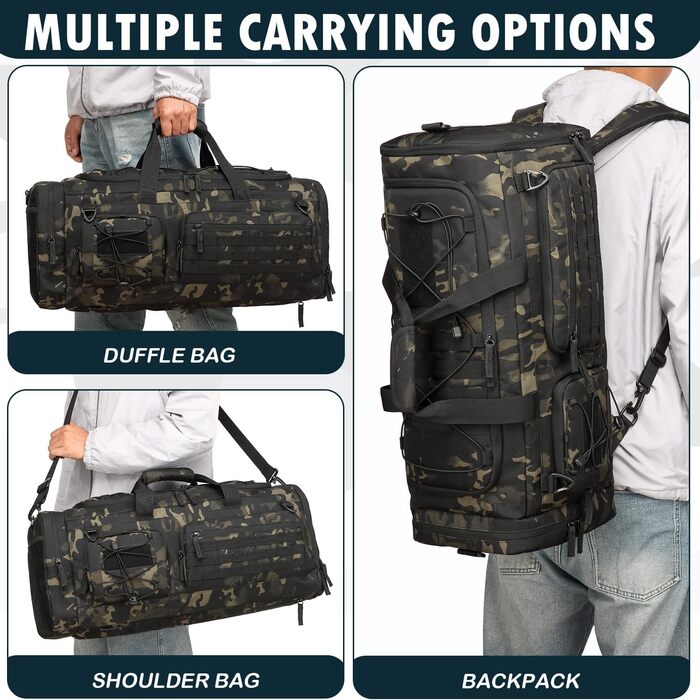 Спортивна сумка 50L для чоловіків 3-в-1 з відділенням для мокрого одягу та взуття, рюкзак, дорожня сумка, валіза ручної поклажі, для тренувань, залу, плавання, подорожей (Чорний CM)