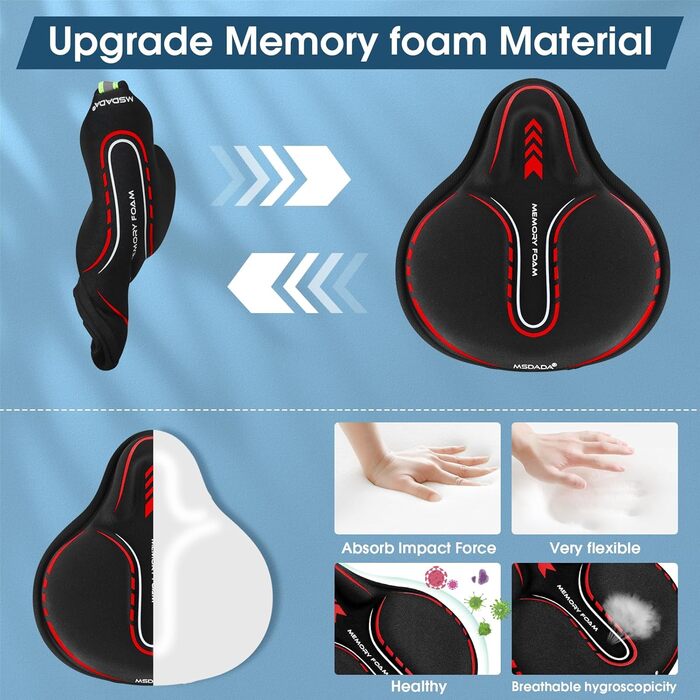 Покриття на сидіння велосипедного сидіння MSDADA з гелевим наповнювачем, Extra Soft Foam, широке, з пам'яті ефекту, для MTB, велотренажера, Peloton, зручне сидіння для жінок, чоловіків, літніх людей (Чорний/Червоний)