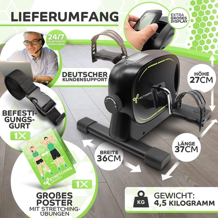 Тренажер для ніг Tretmann Basic Pedaltrainer — міні-велосипед для літніх людей та реабілітації, стійкий та безшумний, чорно-зелений
