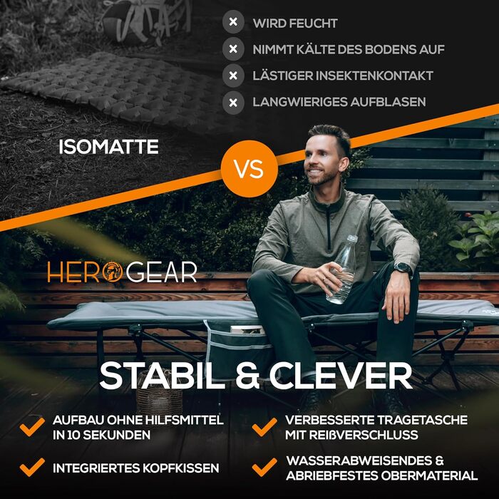 Килимок для відпочинку HEROGEAR з бавовняною подушкою та матрацом | Розкладна ліжко для кемпінгу, відпочинку на пляжі, саду та подорожей | 190 x 67 см, сірий
