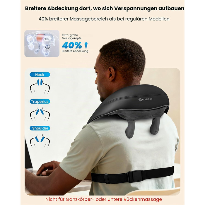 Бездротовий масажер для шиї та плечей Comfier Shiatsu 3D з підігрівом та вібрацією, акумуляторна масажна подушка для спини