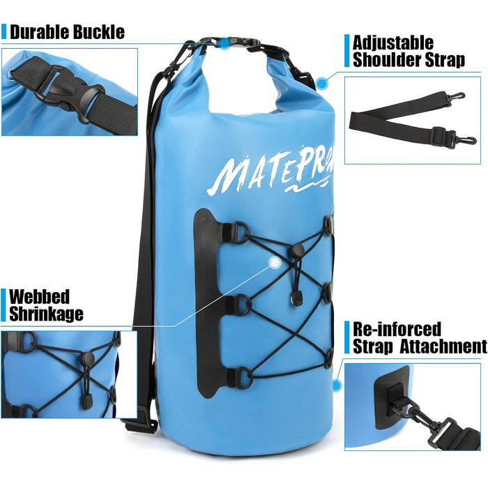 Водонепроникний мішок MATEPROX Dry Bag 5L/10L/20L з ролверхуванням - міцний та довговічний. Ідеально для плавання, катання на човні, рафтингу та кемпінгу. Кольори: блакитний 20L
