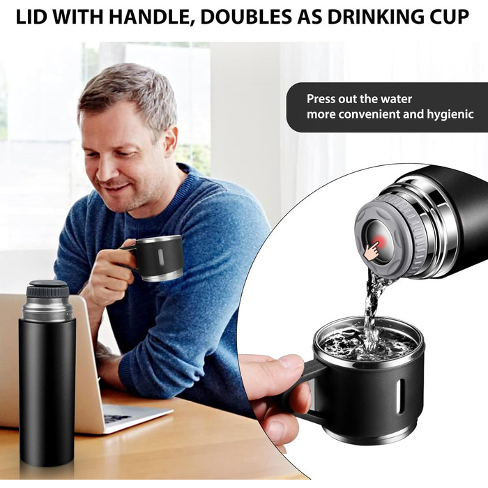 Термос-пляшка з нержавіючої сталі 500 мл з чашкою та ручкою, ізотермічна, без BPA, для кави та чаю, для дітей та дорослих (чорна)