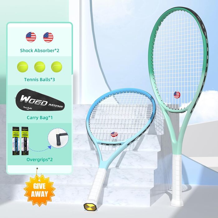 Тенісний Ракетка для Дорослих, 2 шт. з М'ячами та Аксесуарами, Синій/Зелений