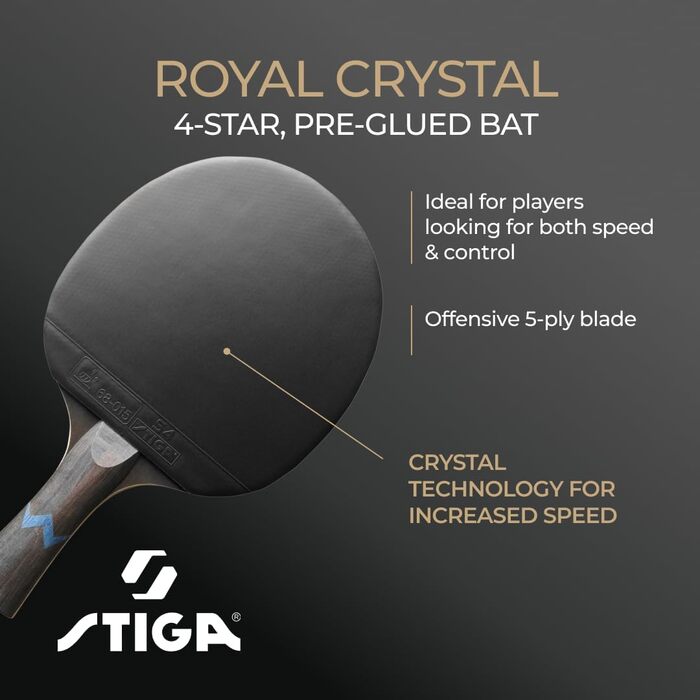 Тенісний стіл STIGA Royal Crystal: швидка ракетка з ITTF сертифікованим покриттям Star 4, гумою 2.0 мм та Crystal Technology – ідеальна для швидкої та точної гри