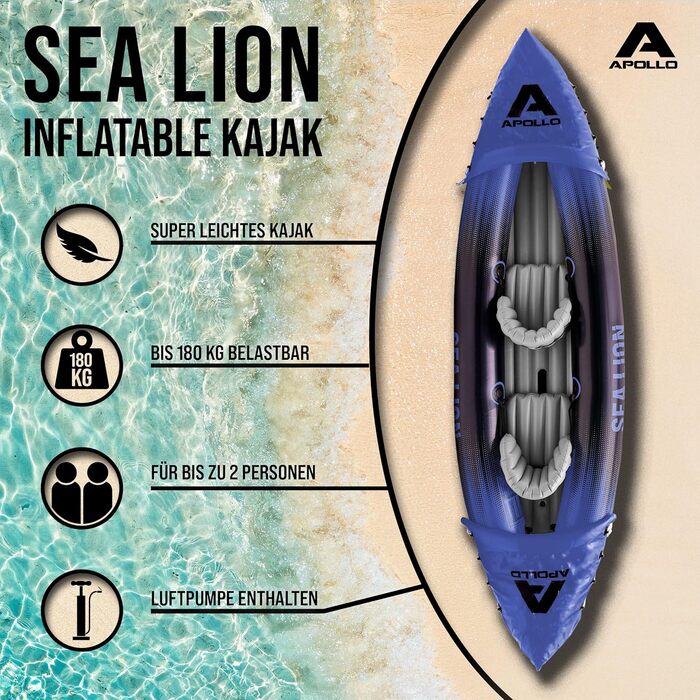 Надувний каяк Apollo Sea Lion для 2 осіб, просторий 312x91x51 см, стійке та легке каное, комплект, синій