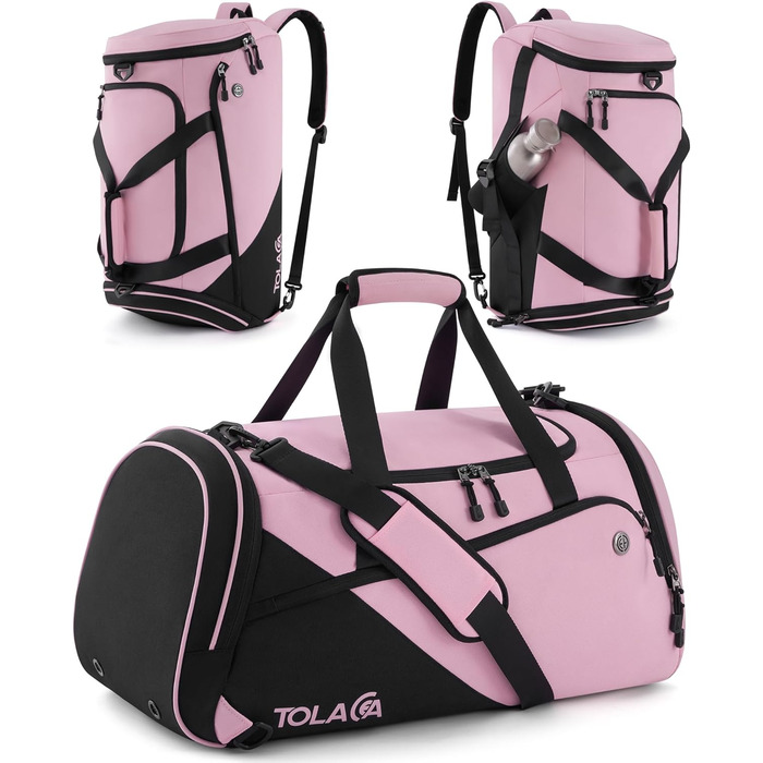 Спортивна сумка Tolaccea для чоловіків та жінок з відділенням для взуття та мокрих речей, рюкзак-дуffel для тренувань, фітнесу, басейну, подорожей (47л, чорно-рожевий)