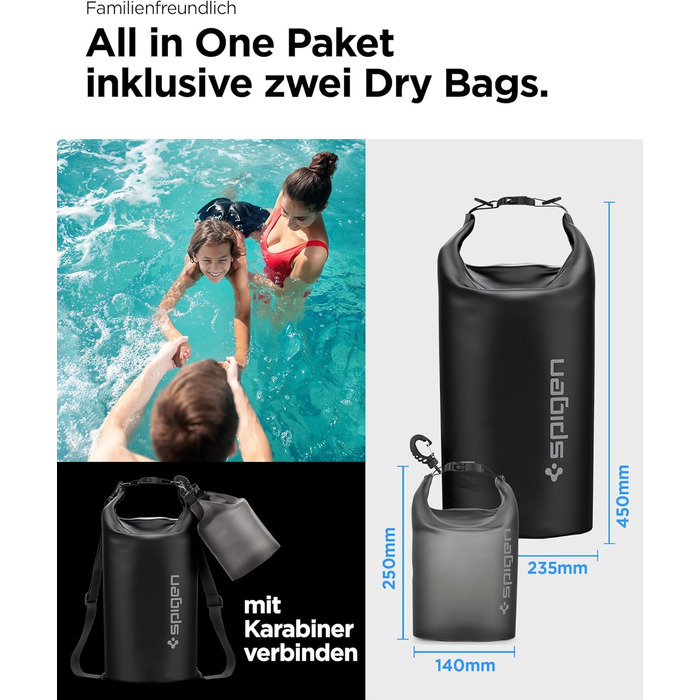 Набір водонепроникних сумок Spigen Dry Bag Set [Aqua Shield] 20L+21L - для пляжу, плавання, кемпінгу, каякінгу, човнів - чорний