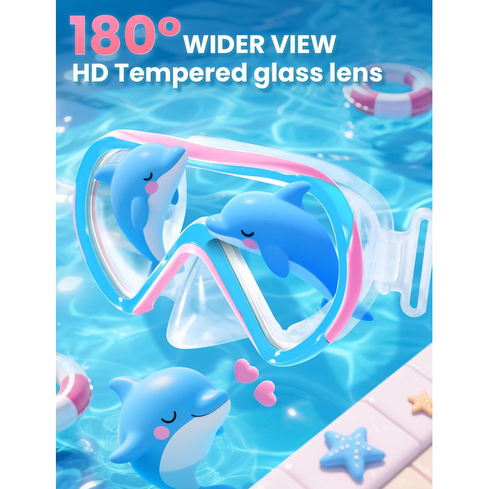 Дитяча маска для плавання та снорклінгу Supertrip, 6-14 років, скло, рожево-блакитна