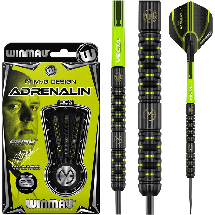 Дротики WINMAU Michael Van Gerwen MvG Adrenalin 23 г професійні, вольфрамові, для дартсу, з наконечником Steeltip, комплект з оперенням і шафтами