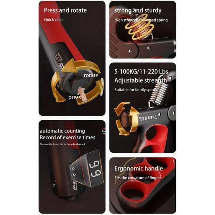 Регульований тренажер для кисті та передпліччя з лічильником навантаження 5-100 кг, механічний тренажер для сили, реабілітації, скелелазіння, фітнесу та зняття стресу (червоний)
