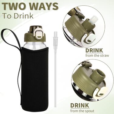 DEARRAY Скляна пляшка для води 0,6 л з трубочкою, герметична, BPA Free, у чохлі, для дітей, школи, спорту, чоловіків та жінок, зелена кришка