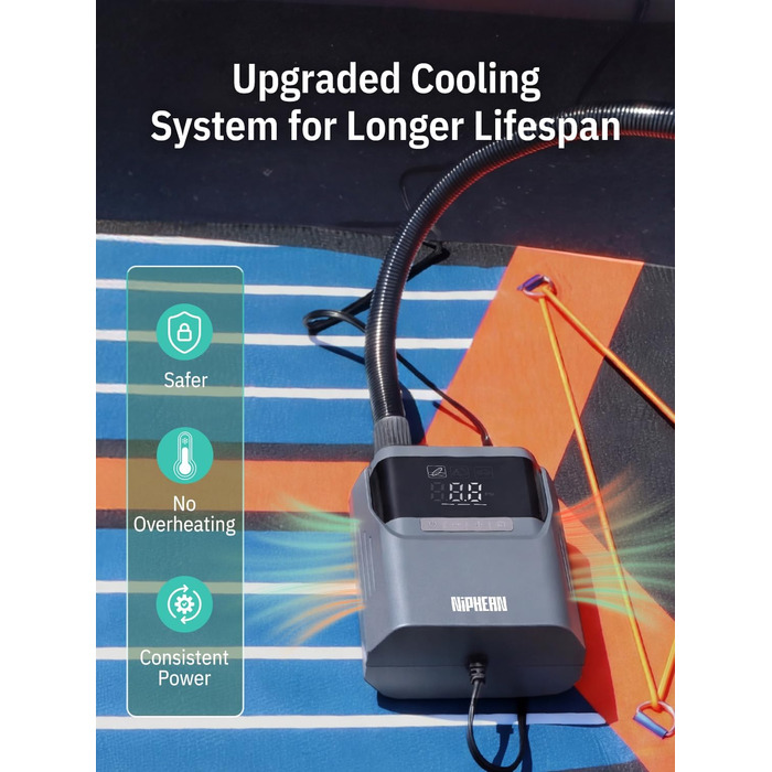 Електричний насос Niphean для SUP-дощок та автомобільних шин, 50 PSI, з подовженим кабелем зарядки 300 см та сумкою для зберігання