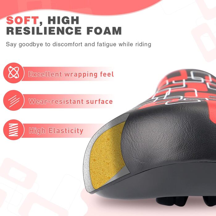 Дитячий велосипедний сидіння – м'яке та водонепроникне, з антиковзким покриттям, широке, Dual Shock для 12, 14, 16, 18, 20 дюймових велосипедів (чорний/червоний)