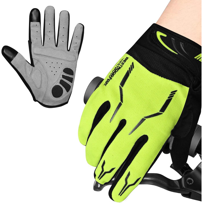 Велосипедні рукавички WESTWOOD FOX WFX для гірського велосипеда (MTB) з повним пальцем, сенсорний екран, антиковзаючі, з підкладкою, для жінок та чоловіків (XL, неоновий зелений)