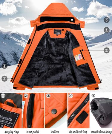 TACVAEN Жіноча куртка-перехідник, тепла зимова куртка, куртка для хайкінгу, вітронепроникна куртка з водонепроникною блискавкою, біло-чорна (XXL, помаранчевий)