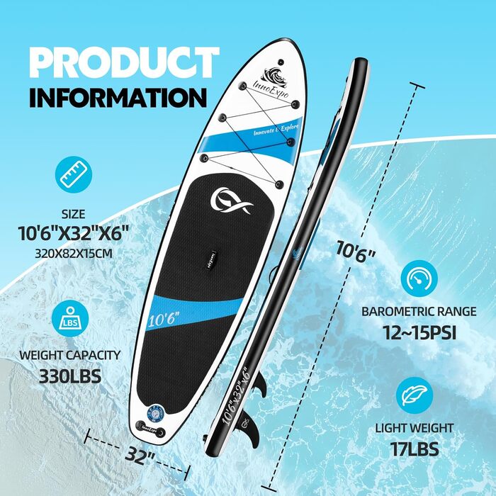 SUP-дошка InnoExpo надувна, 320x82x15 см, чорна: комплект з преміум аксесуарами для підлітків та дорослих