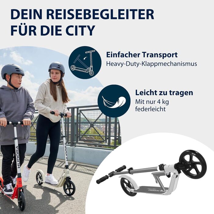 HUDORA BigWheel Pure Scooter: Скутер з алюмінієвої рами, регульованої висоти, складний, до 100 кг, для підлітків та дорослих (білий)