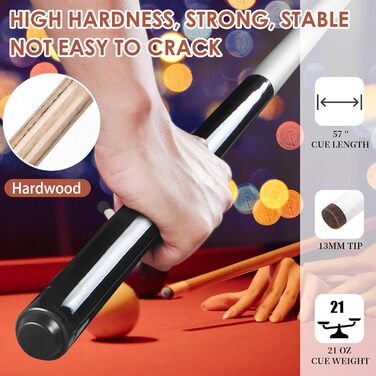 Kmise Професійний бильк для більярдного снукера - 21 oz, професійний бильк для розбиття з наконечником 13 мм, 2-секційний, для різних видів більярдного спорту