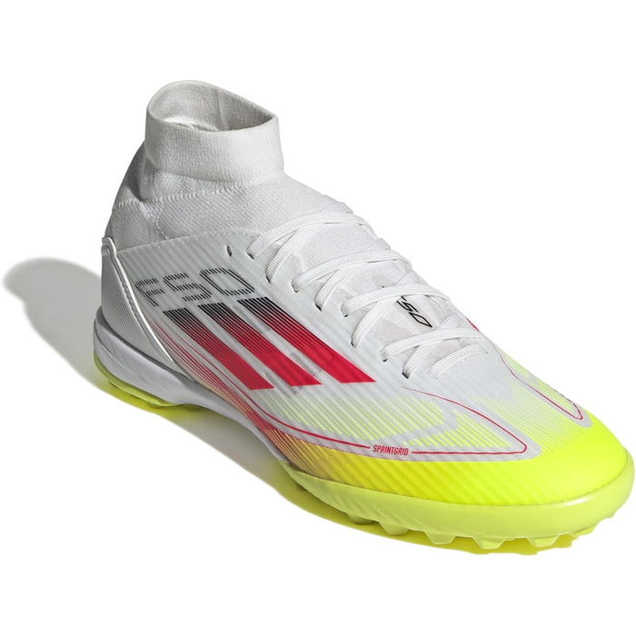 Жіночі футбольні бутси adidas F50 League Mid для гри на траві, розмір 38 2/3 EU, кольори: Cloud White, Lucid Red, Solar Yellow