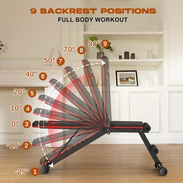 Складана лава для тренувань Roygym, мультифункціональна, з регульованою спинкою, для загальної фізичної підготовки, витримує до 400 кг, чорно-червона