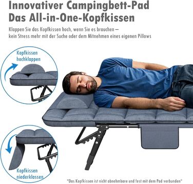 Розкладне шезлонг з регульованою спинкою в 4 положеннях, портативний багатофункціональний лежак для кемпінгу, саду, басейну, патіо - блакитний, з м'яким матрацом та подушкою