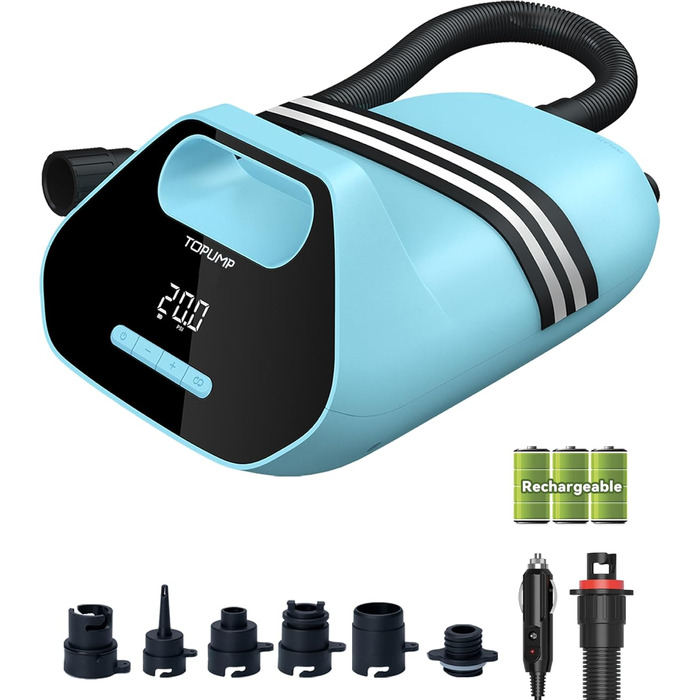 Електричний насос TOPUMP TPS300 7800mAh 20 PSI для SUP, човнів, каяків і кайтсерфінгу, акумуляторний, швидка зарядка 110V/12V, авто-вимкнення