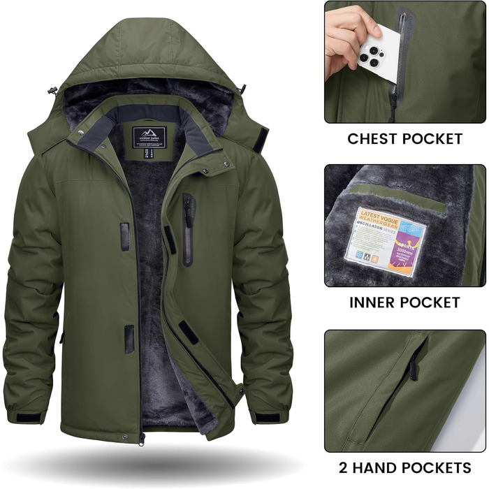 TACVASEN Зимова куртка для чоловіків, водонепроникна, тепла, флісова підкладка, софтшел, дихаюча, функціональна куртка з відстібаною капюшоном (S, армійний зелений)
