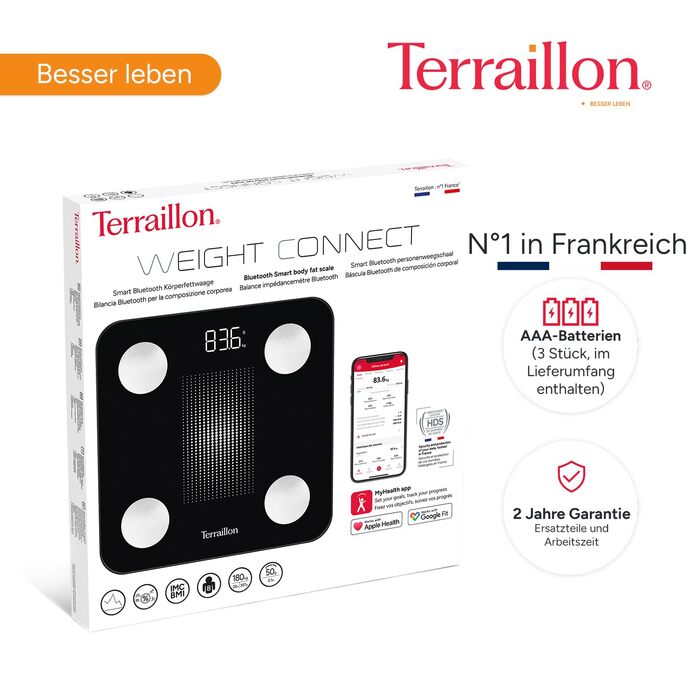 Інтелектуальна вага TERRAILLON WEIGHT CONNECT з Bluetooth, аналіз складу тіла (жир, м'язи, вода, кістки), BMI, ємність 180 кг, шкала 50 г, LED-дисплей, скляна платформа, чорний колір