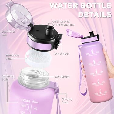 Спортивна пляшка для води 1 літр, без витоку, з позначками часу, для велосипеда, школи, офісу, фітнесу (1500 мл, Ірис-рожевий)