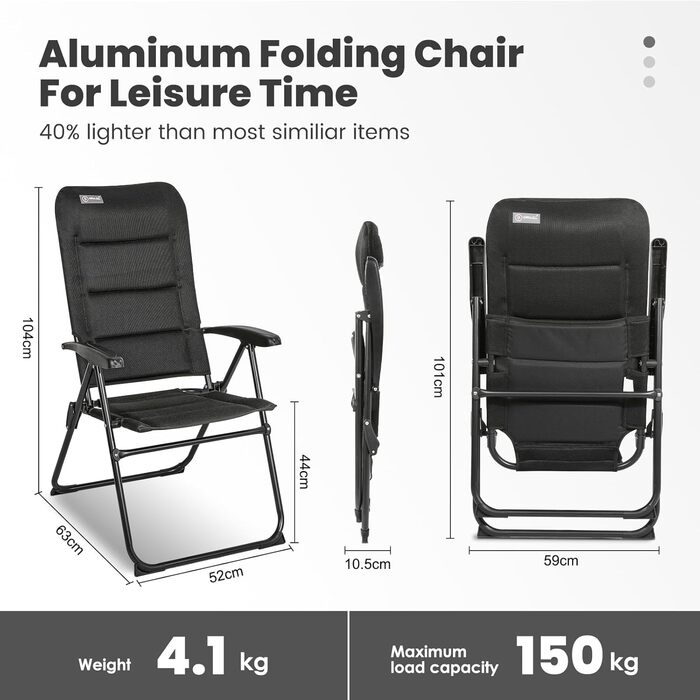 Крісло для кемпінгу Homecall складне, 150 кг, з високою спинкою, чорне - для саду, балкону, риболовлі