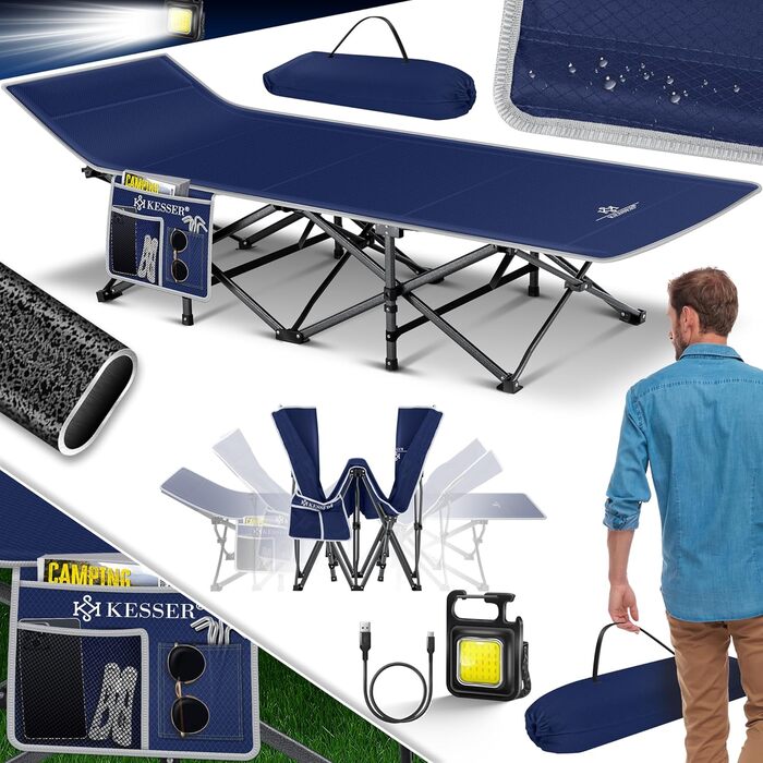 Кемпінгове ліжко KESSER® розкладне, металеве, 210 см, Navy Blue (темно-синій) з сумкою та ліхтарем