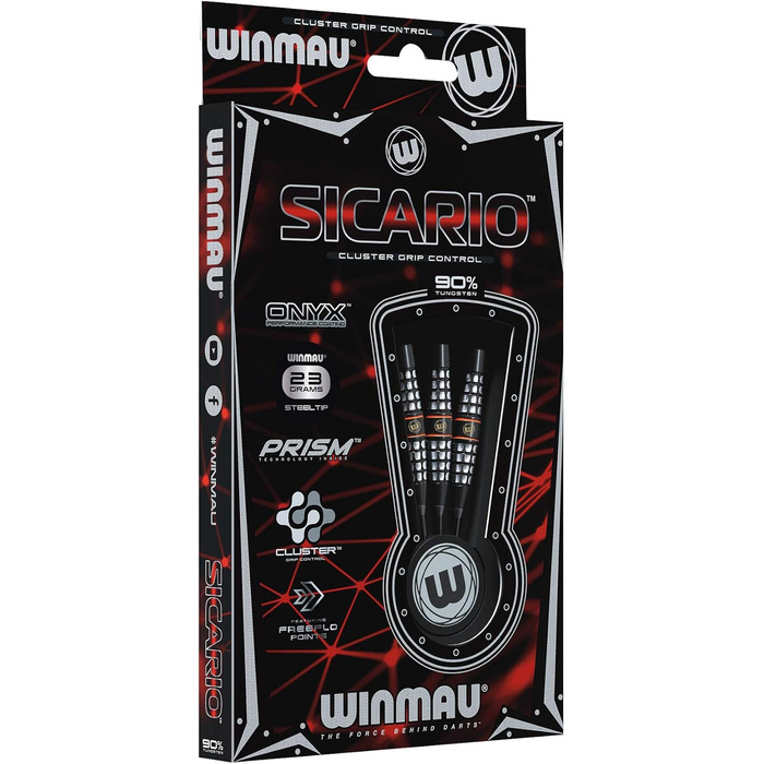 Дротики WINMAU Sicario 23 г вольфрамові для дартсу, стілтіп, професійні, з хвостовиками та оперенням