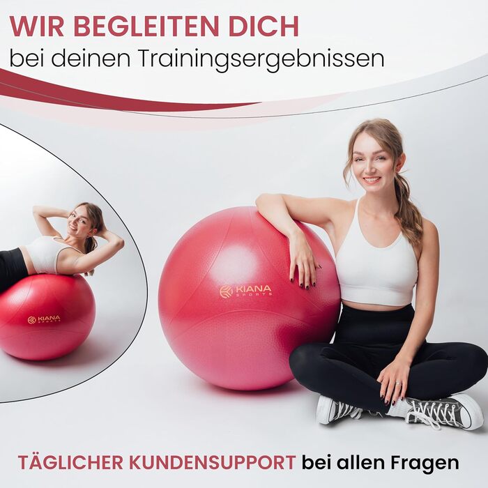 Гімнастичний м'яч KIANA SPORTS® для фітнесу та офісу - 4 розміри, з неслизькою поверхнею, з насосом та планом тренувань, XL (для зросту від 180 см), Бордовий