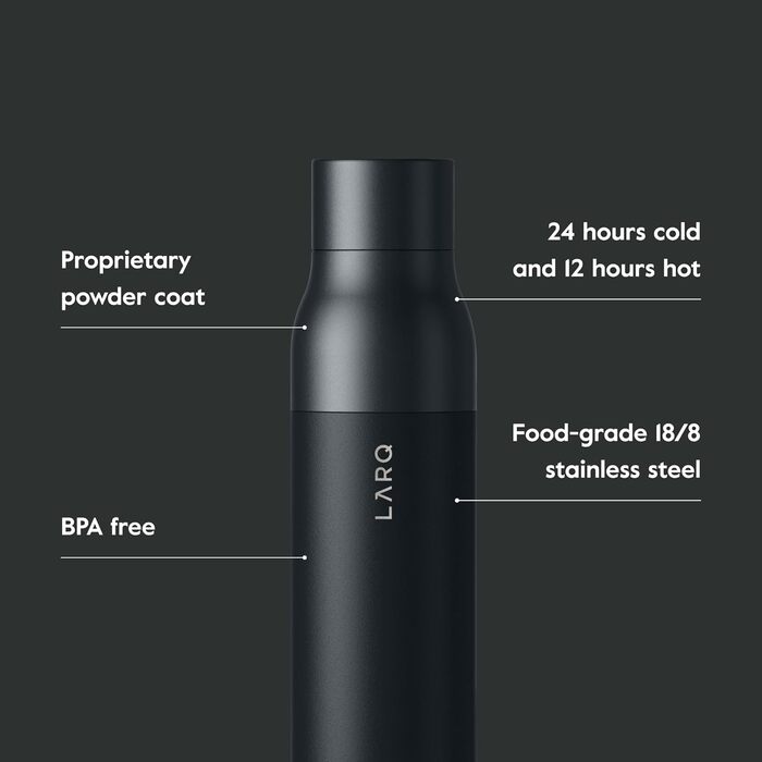 Термобутилка LARQ Twist Top 500 мл, ізольована сталева, BPA-free, для води, збереження температури, чорна, для офісу, подорожей, кемпінгу