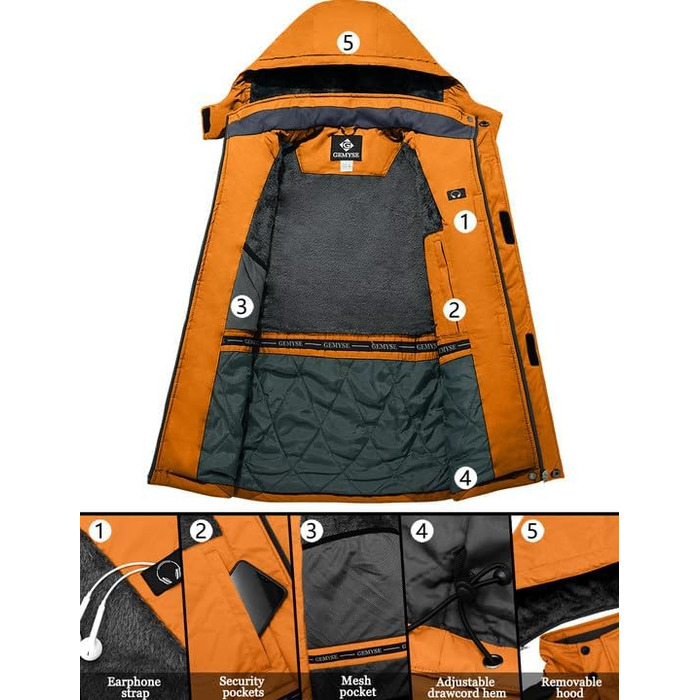 Чоловіча зимова куртка GEMYSE з капюшоном, вітро- та водонепроникна, з флісовою підкладкою для активного відпочинку (M, Помаранчевий/Сірий 08)