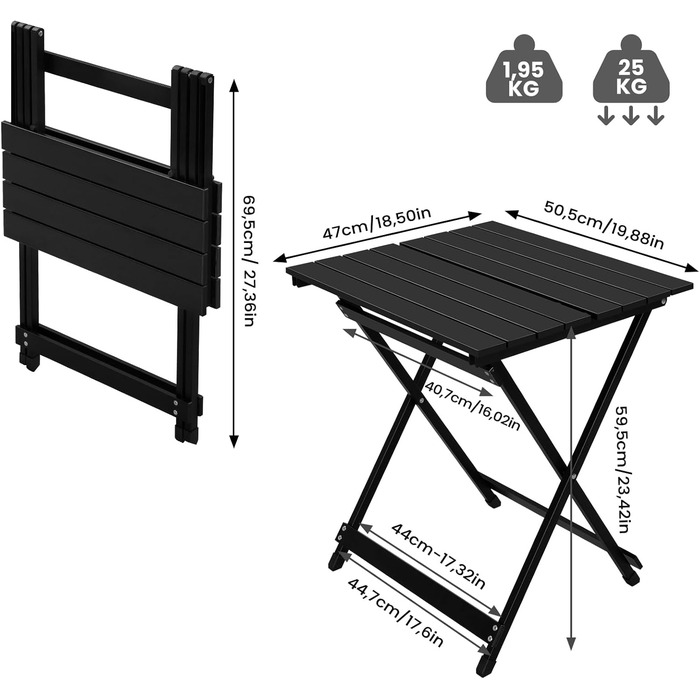 Складаний столик Woltu з алюмінію для дачі, балкону та саду, 50.5x47x59.5 см, чорний