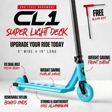 Трюковий самокат CORE Stunt Scooter 110mm, ABEC 9, для початківців та профі, 78-96 см, + стікер Fantic26 (Park CL1, бірюзовий)